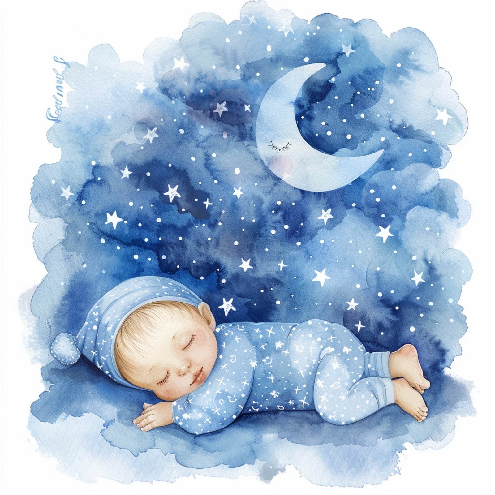 Watercolor Baby Sleeping On The Moon - beink online art store