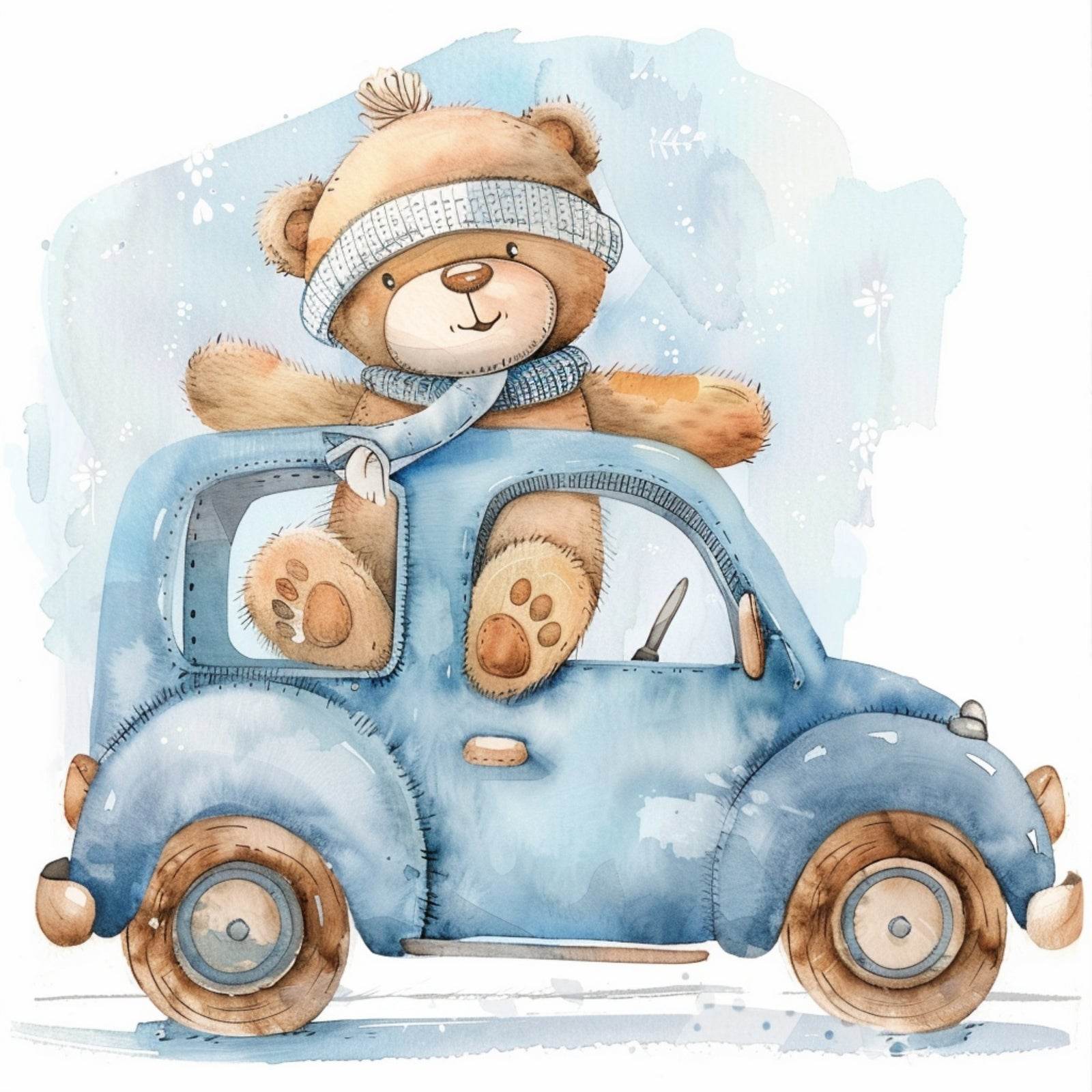 Drawing of Teddy Bear In Blue Car - beink online art store