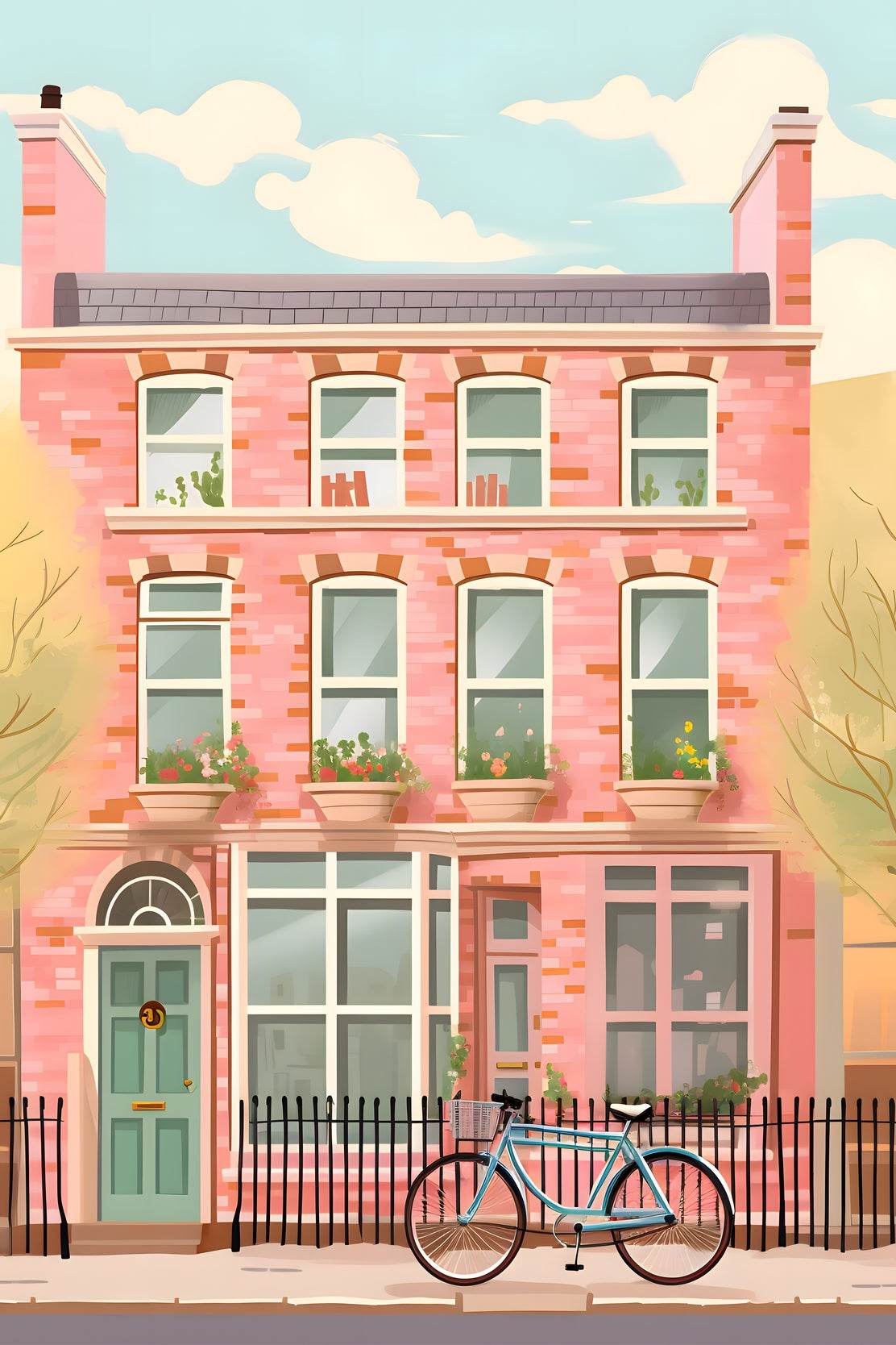 Pink House Painting with Bicycle Wall Art - beink online art store
