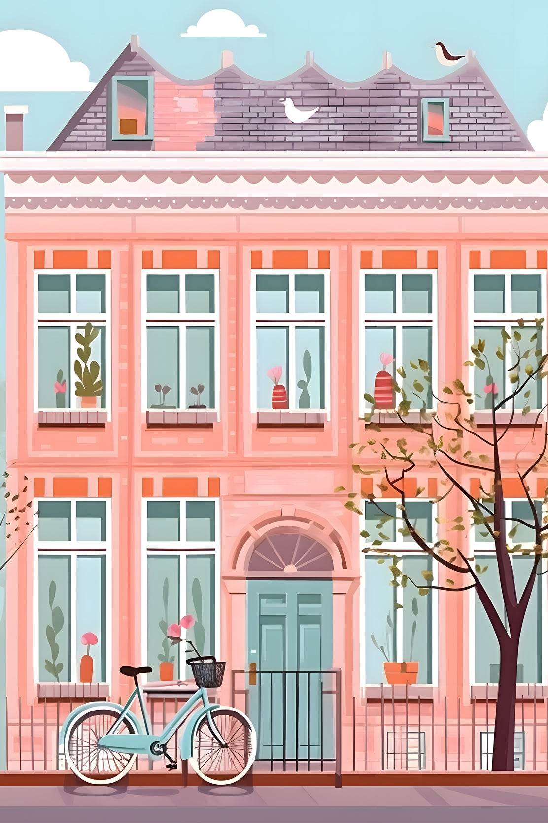 Illustration of Pink House and a Bicycle - beink online art store