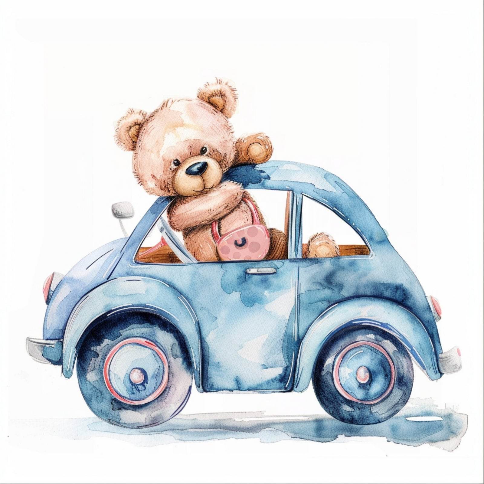 Drawing of a Teddy Travelling in Blue Car - beink online art store