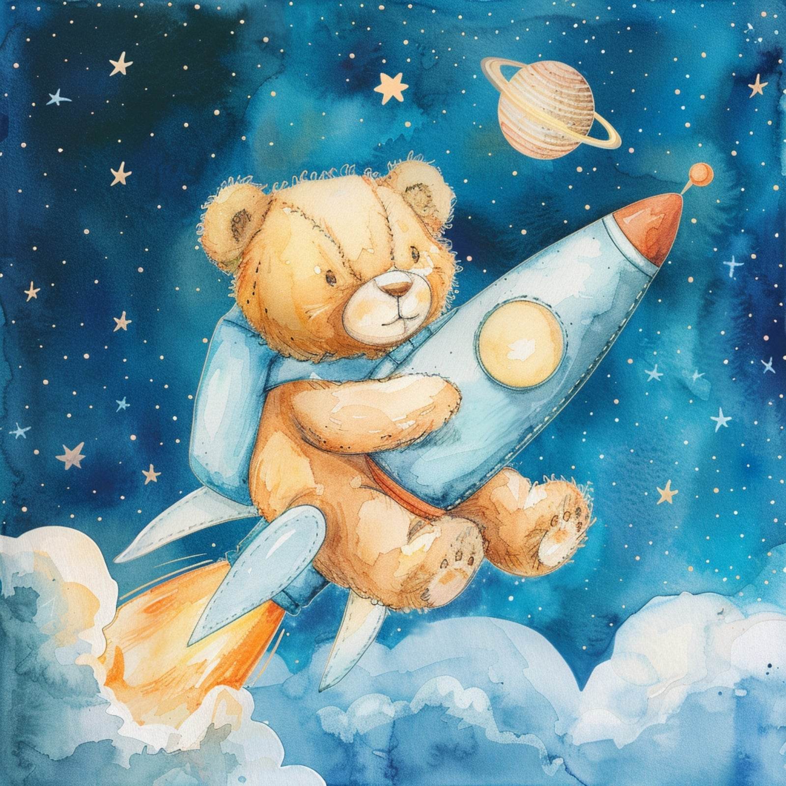 Painting of Teddy Riding a Rocket in Space - beink online art store