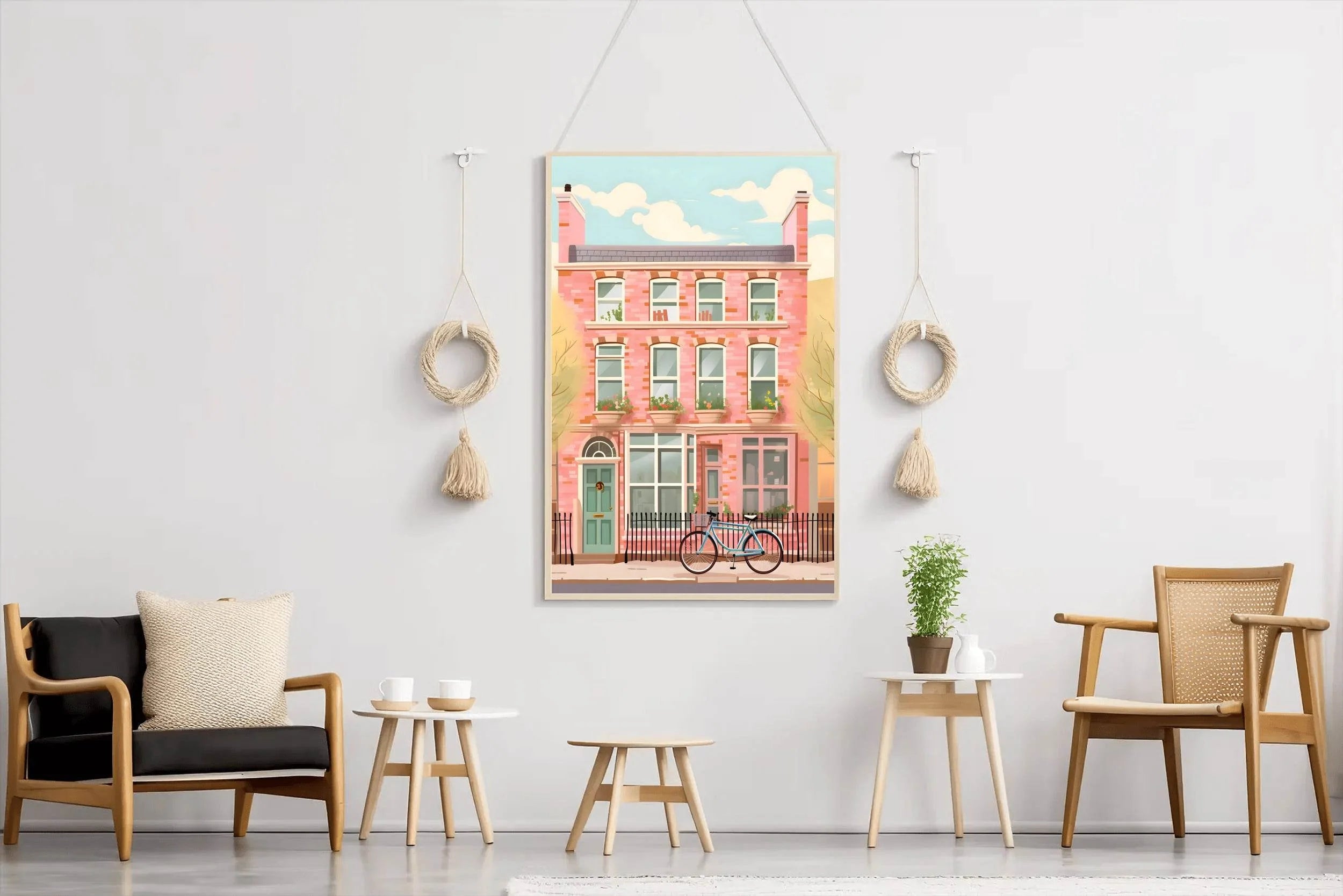 Pink House Painting with Bicycle Wall Art - beink online art store