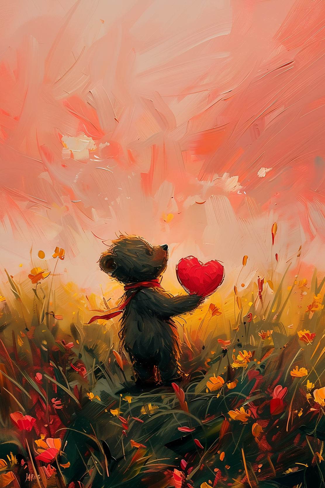 Painting of Bear Holding Red Heart - beink online art store