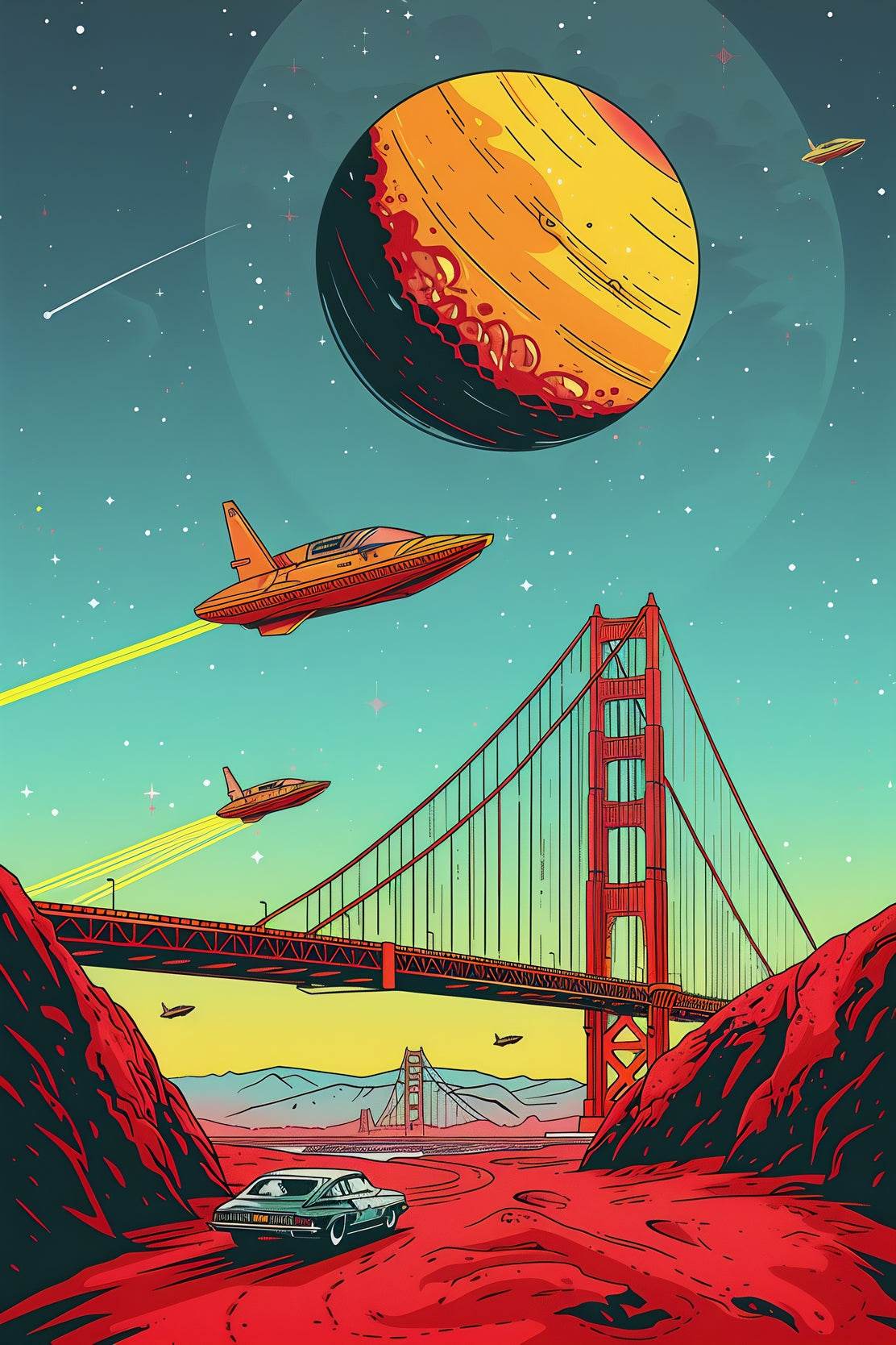 Imaginary Drawing of A Spaceship Crossing The Bridge Wall Art - beink online art store