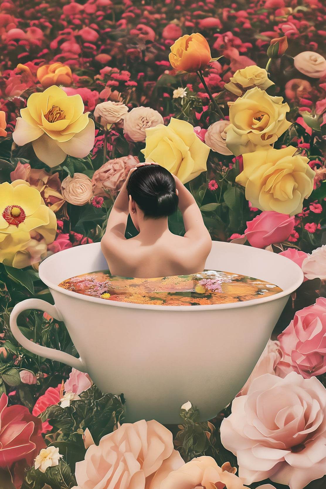 Woman in Tea Cup With Flower Background Wall Art - beink online art store
