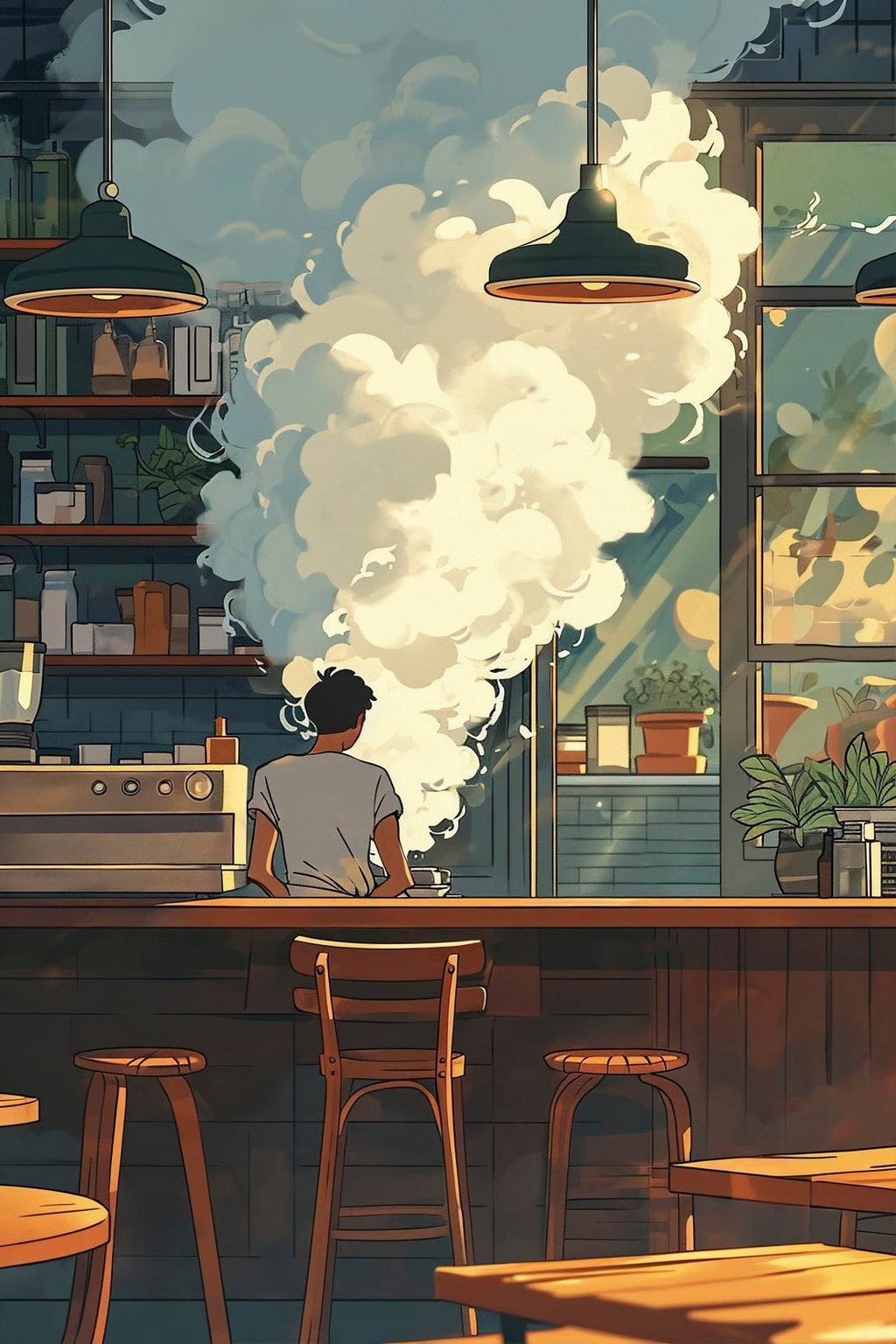 Cartoon Steam With Man in Coffee shop Anime Wall Art - beink online art store