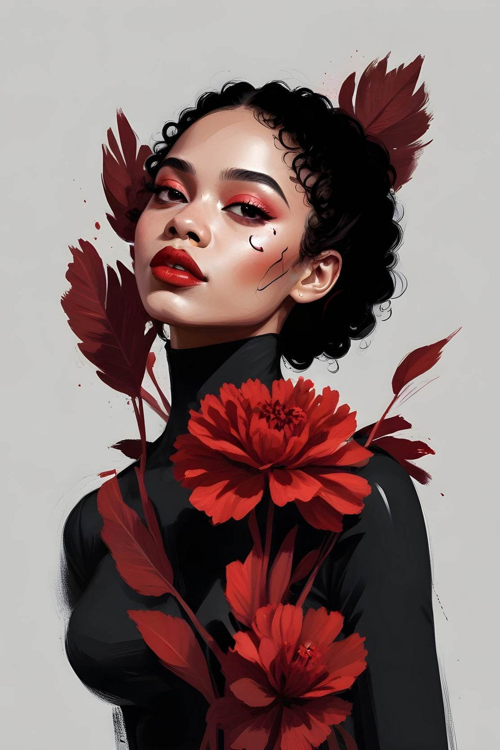 Lady with Curly Hair and Red Flower Wall Art - beink online art store