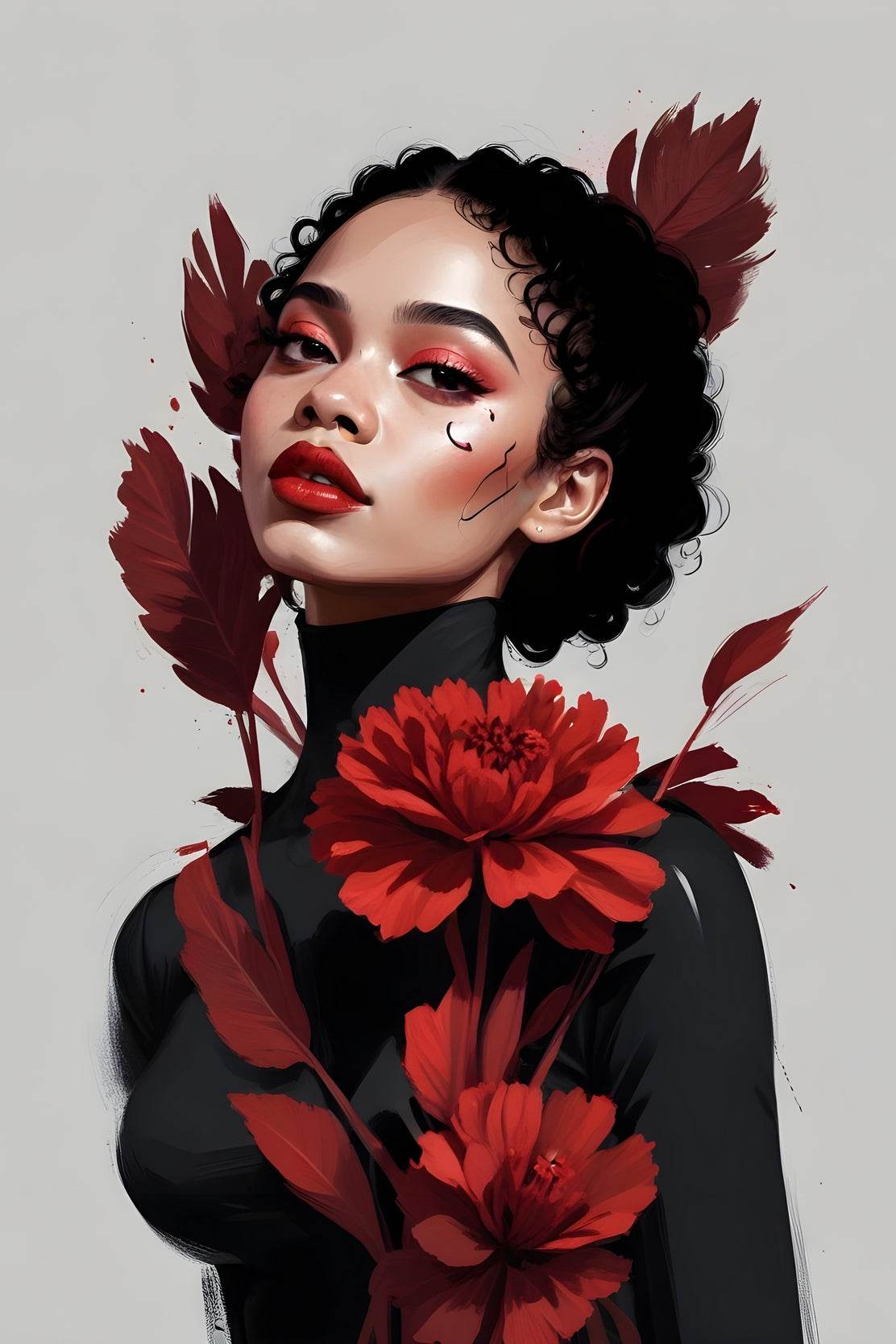 Lady with Curly Hair and Red Flower Wall Art - beink online art store