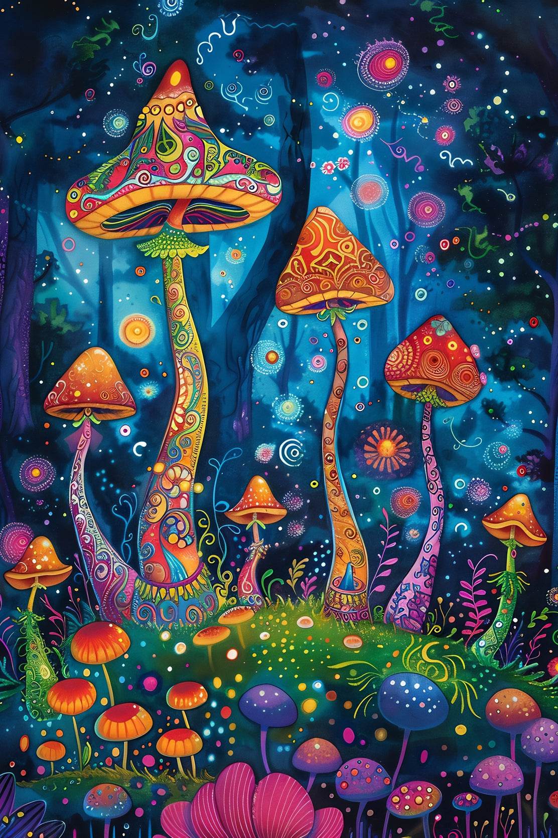 Brightly colored mushrooms and trees in a fantasy forest at night Wall Art - beink online art store