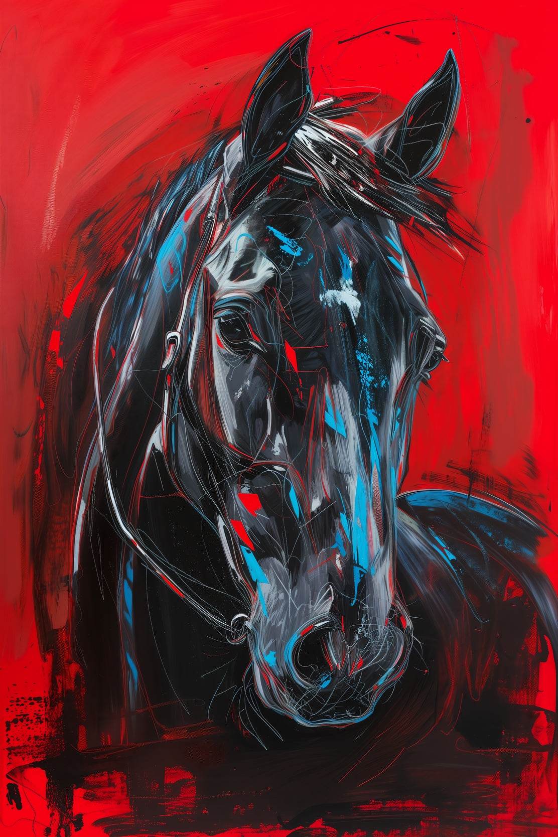 Painting of Black Horse With Red Background - beink online art store