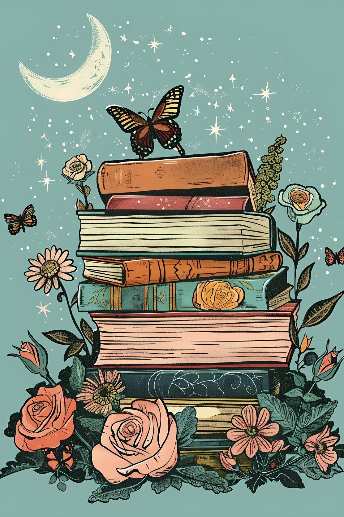 Books and flowers with a butterfly on top Wall Art - beink online art store