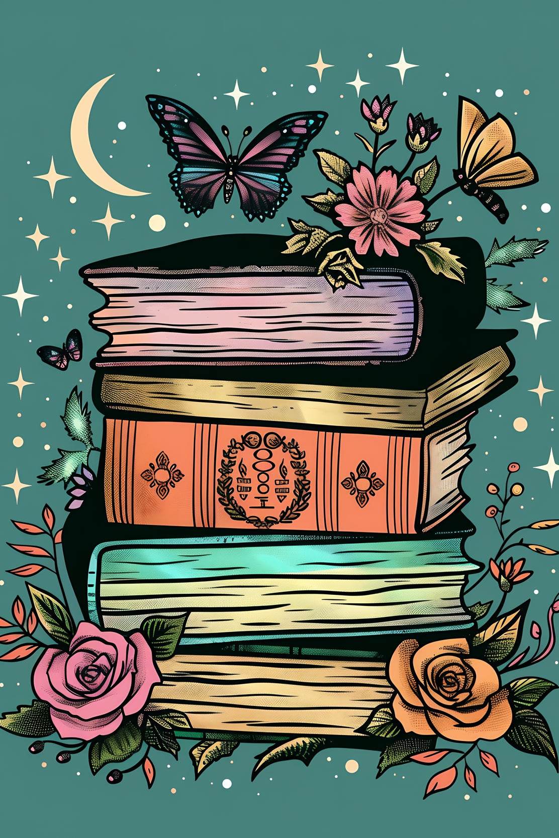 Stack of Books with a Full Moon in the Background Wall Art - beink online art store