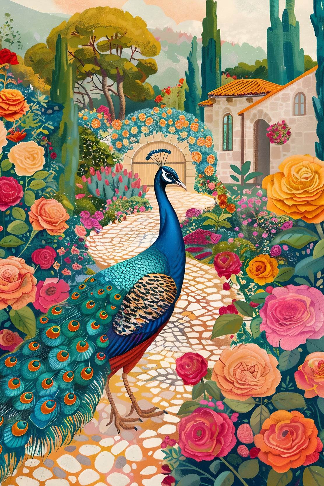 Painting of a Peacock Standing in the Garden - beink online art store