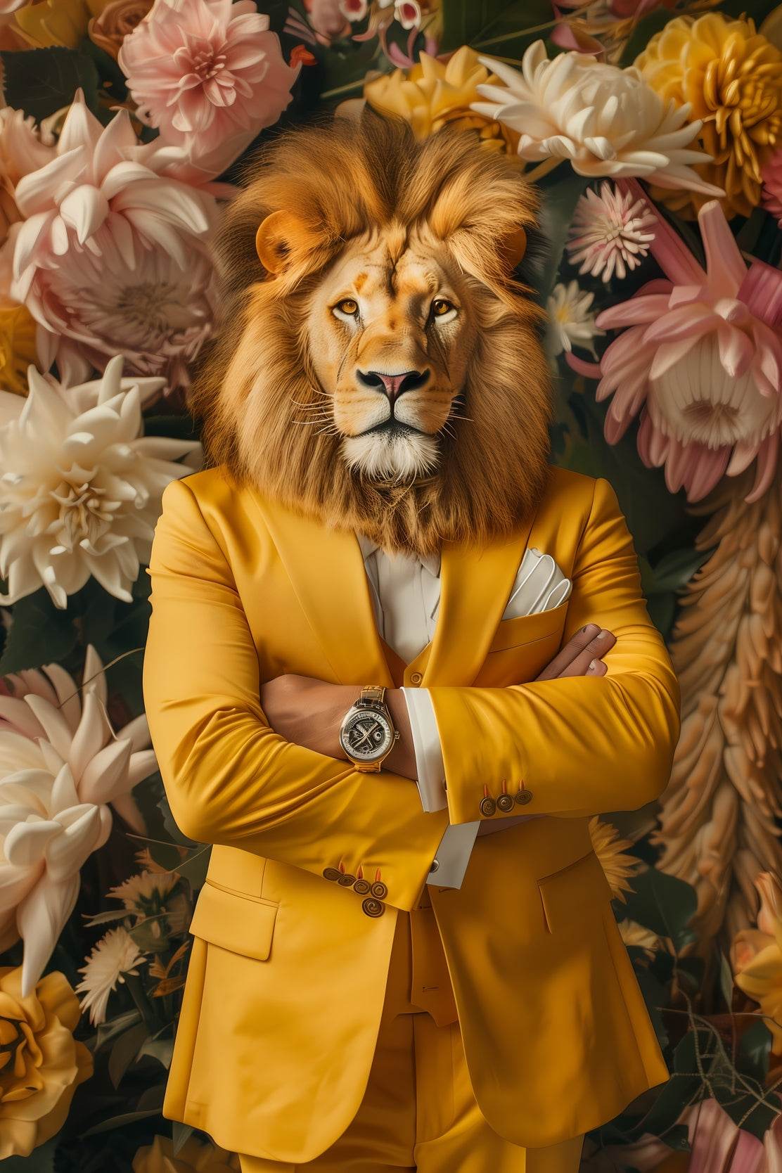 Lion in Yellow Coat With Floral Background - beink online art store