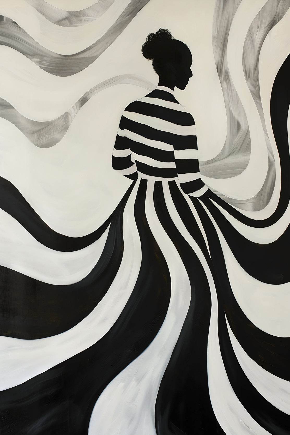 Swirling Silhouette-Black and White stripes Modern Art - beink online art store