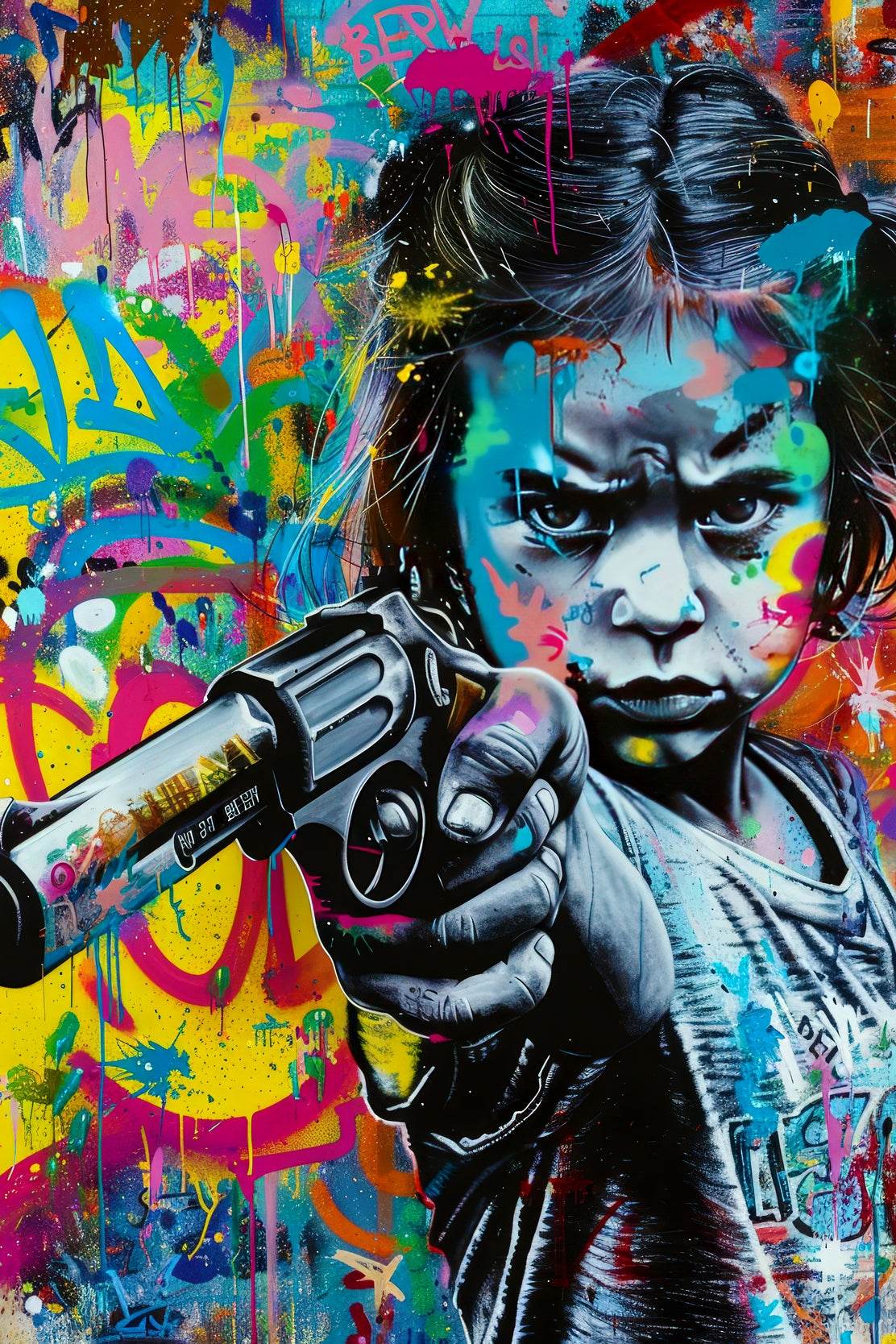 Abstract Graffiti Girl Holding Gun Wall Art - beink online art store