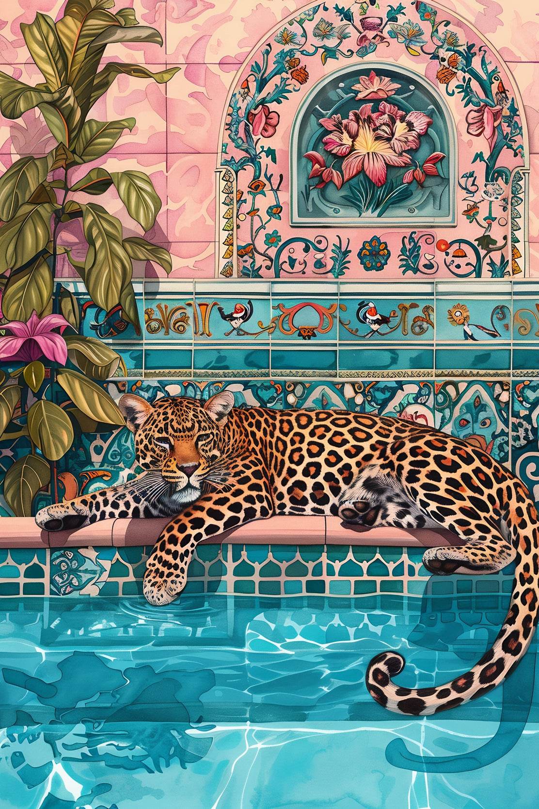 Painting of a Leopard Near Pool with Plants - beink online art store
