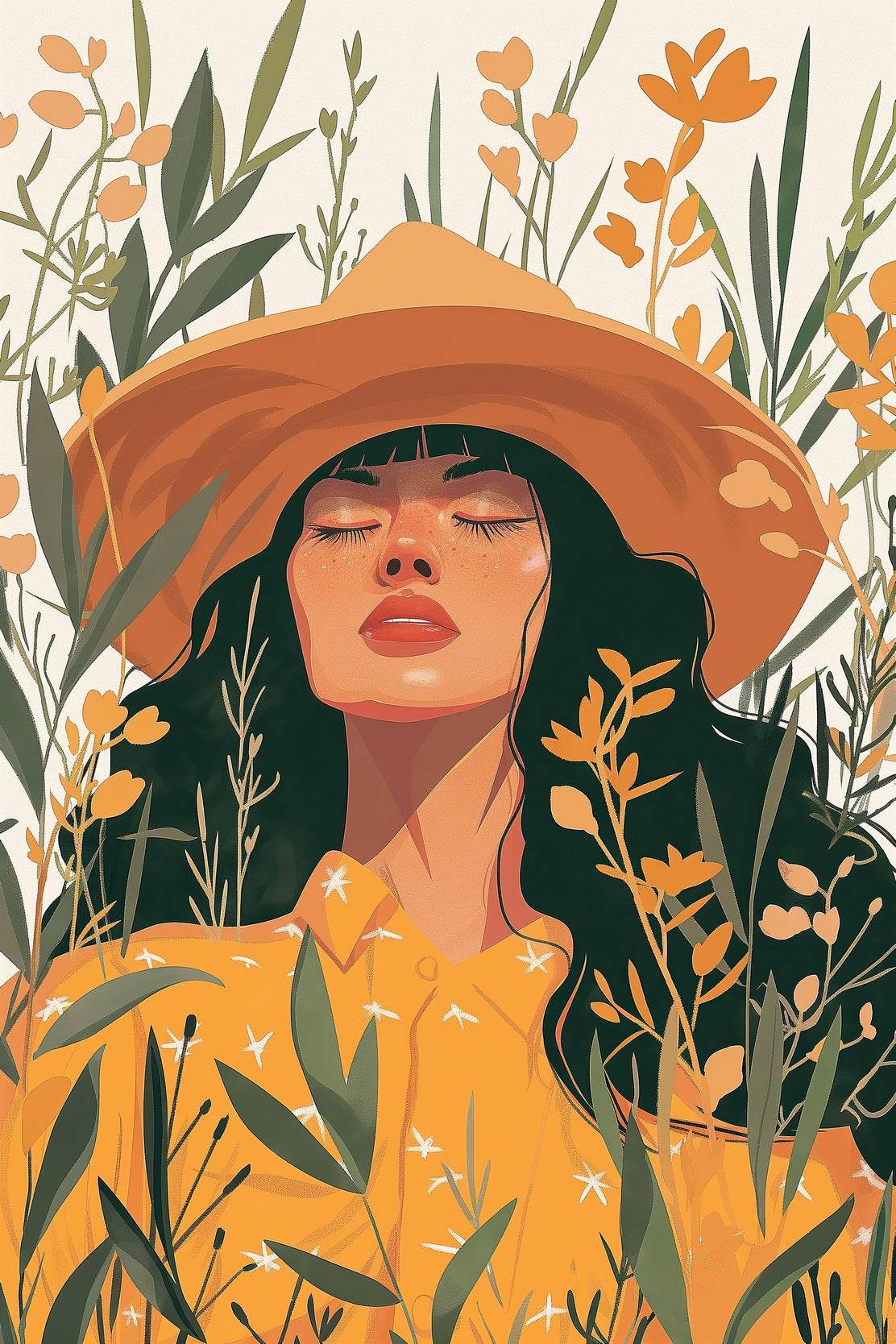 Woman in Yellow Dress and Hat in a Tropical Forest Eyes closed ArtWork - beink online art store