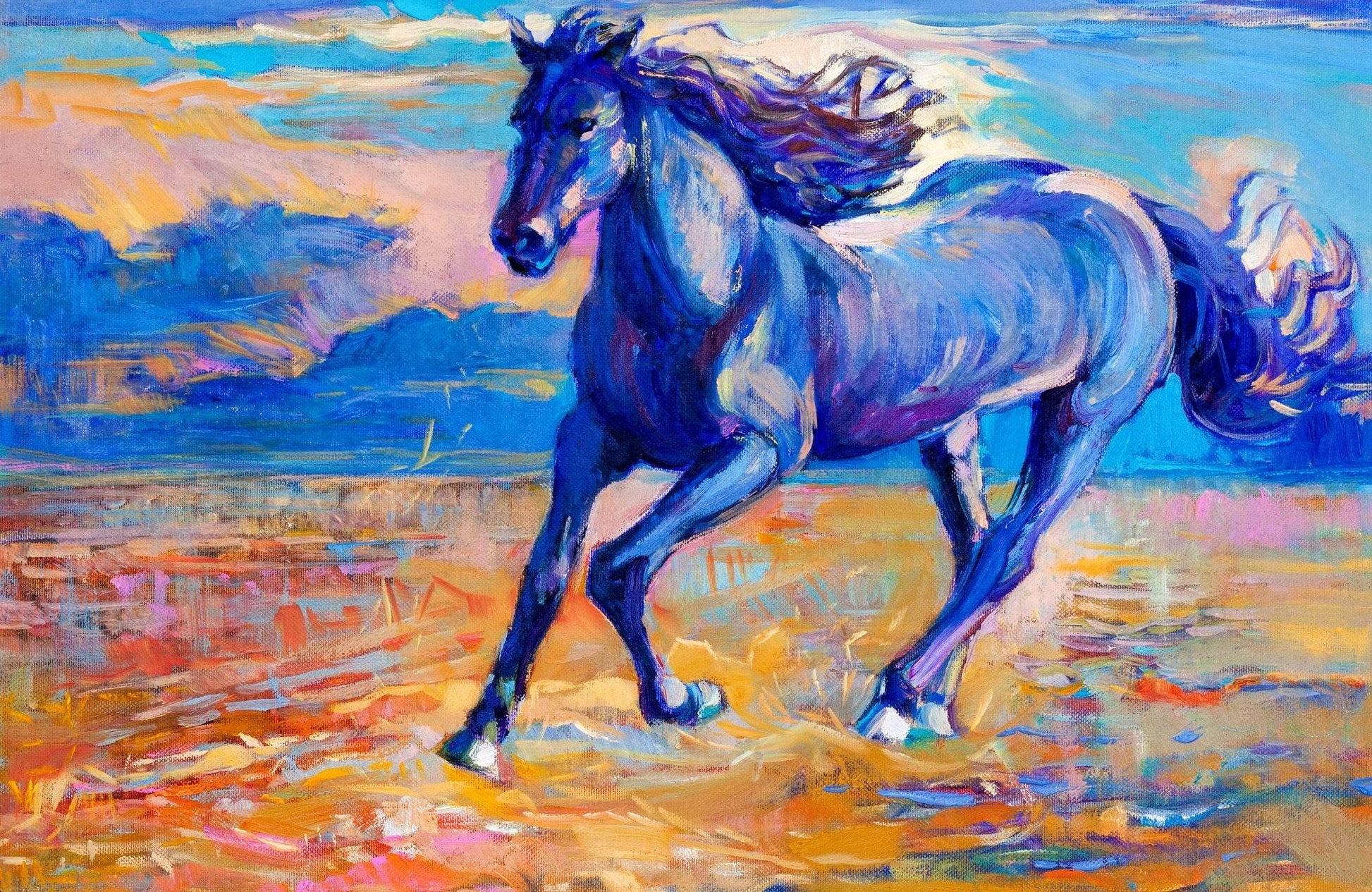 Painting of Blue Horse Running Wall Art - beink online art store