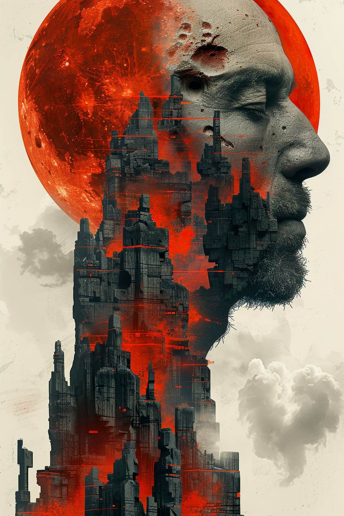 Gothic Cityscape With Face and Red Moon Digital Art - beink online art store