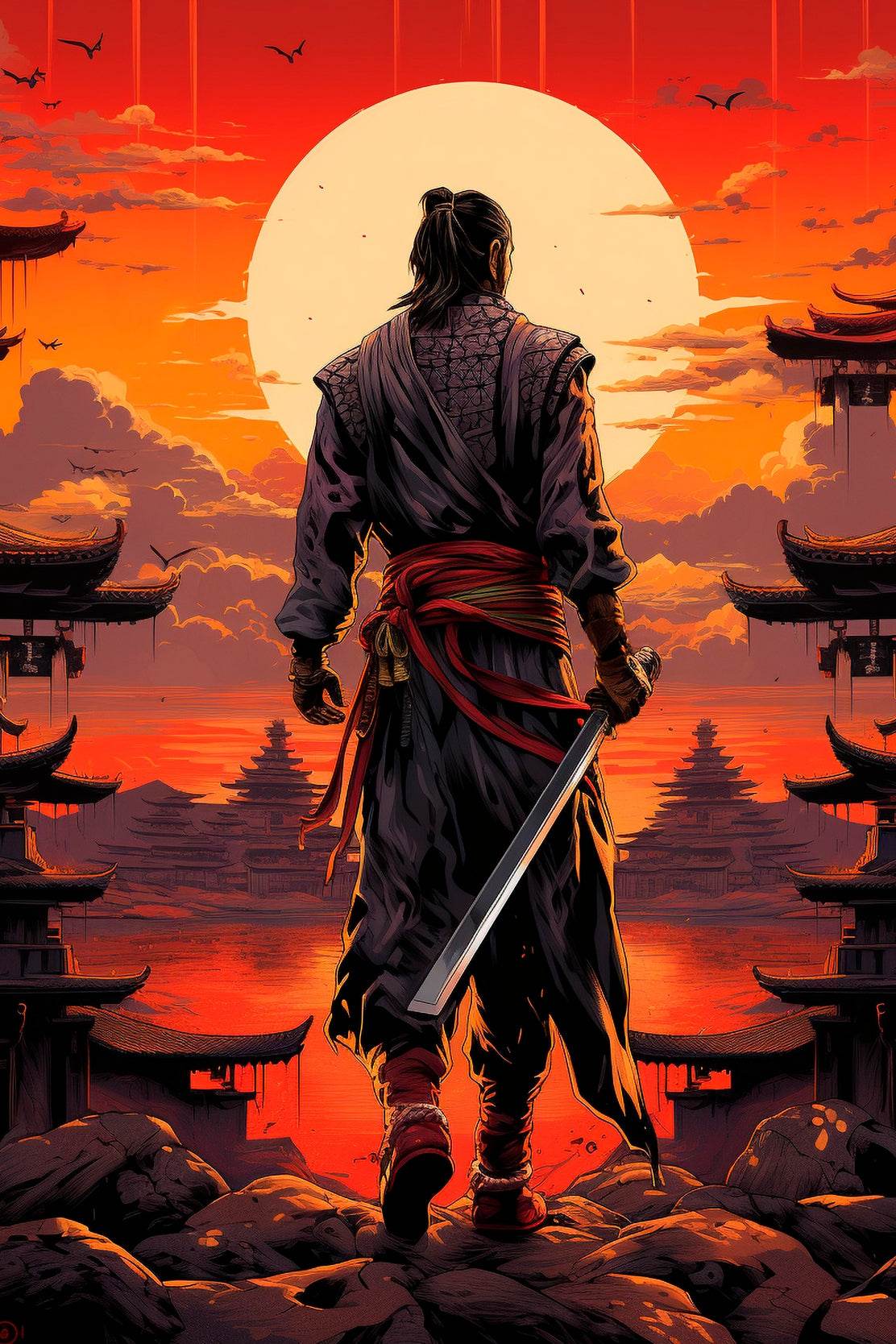 Sunset Style Portrait of Traditional Japanese's Samurai Character Anime Wall Art - beink online art store