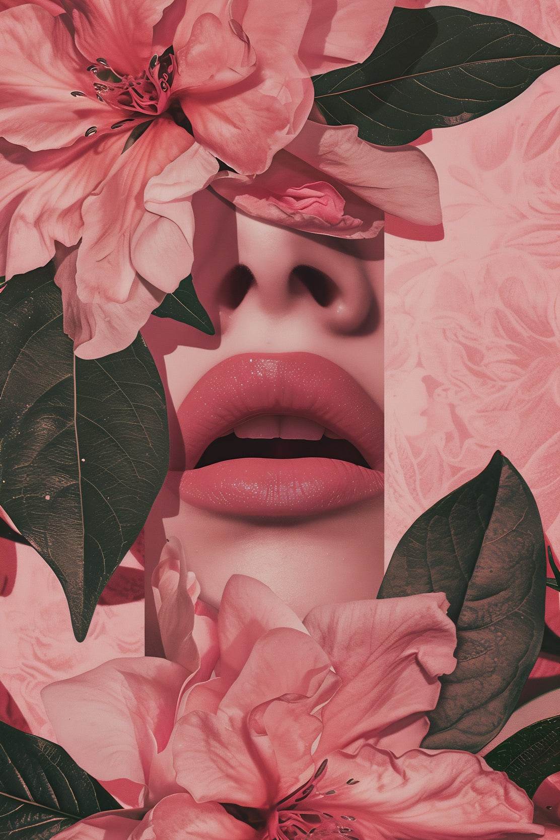 Woman's Face Partially Covered With Pink Flowers - beink online art store