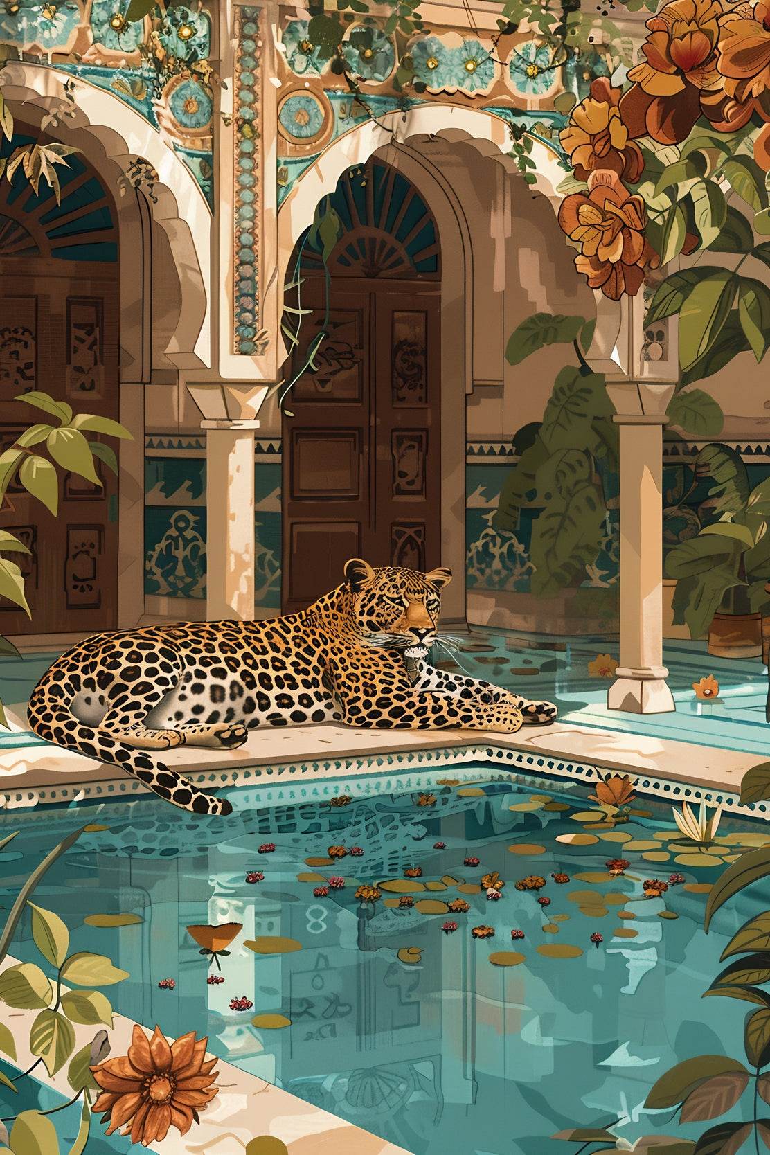 Painting of Tiger Sitting Near Blue Water Pool - beink online art store