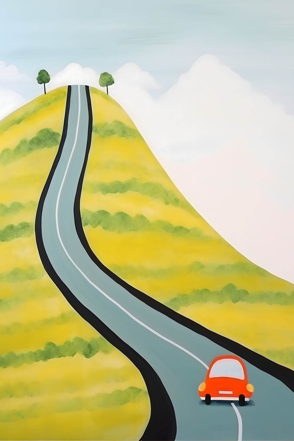 Drawing of a Car Driving Through the Village - beink online art store