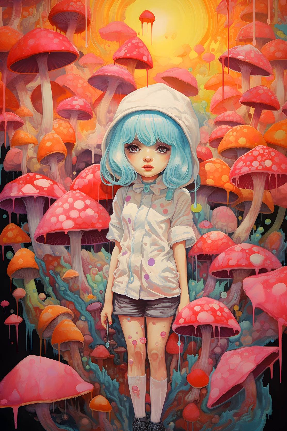 Painting of a Anime girl Standing in a Forest of Mushrooms - beink online art store