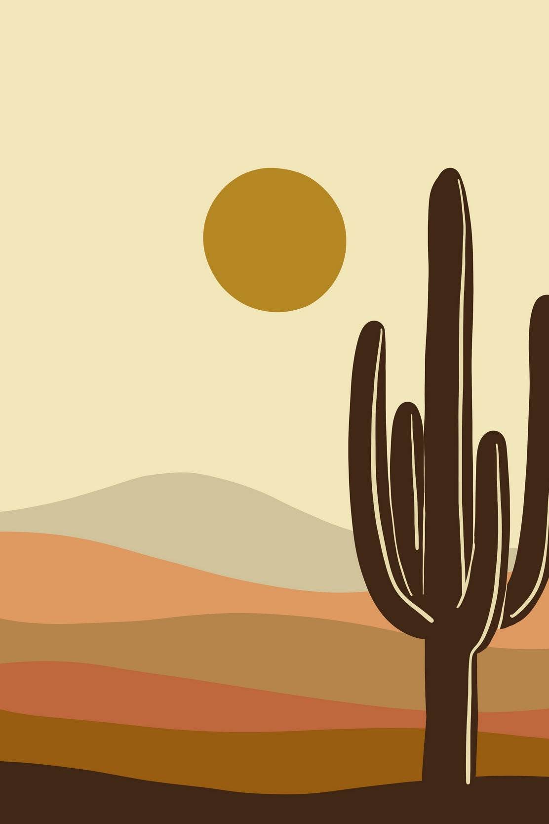 Stylized Desert Landscape with Cactus and Sun ArtWork - beink online art store