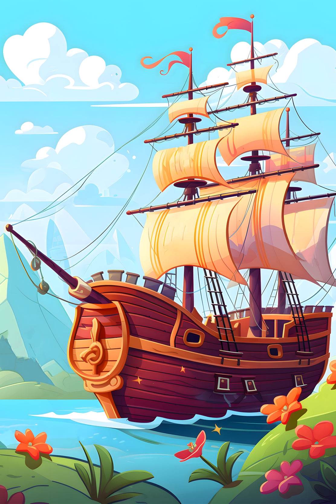 Drawing of Pirate Ship in the Sea - beink online art store