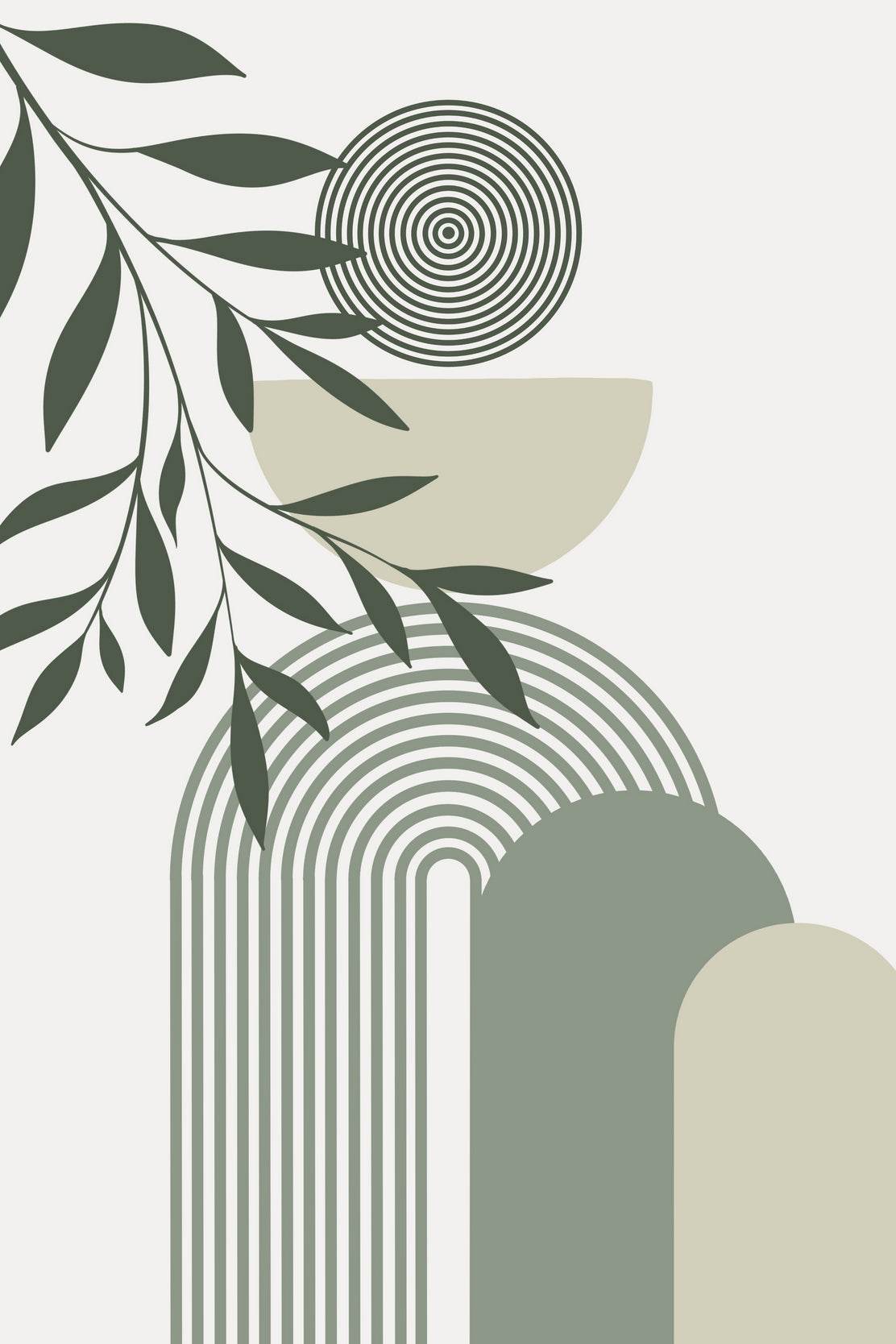 Leafy Branch a Circle Shades of Green and Beige ArtWork - beink online art store