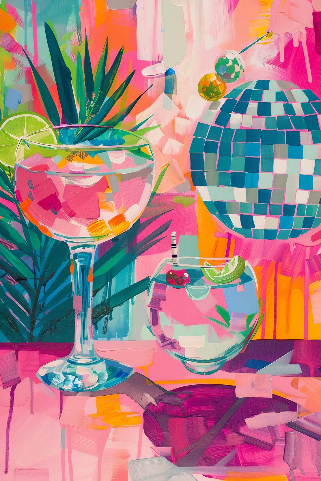 Painting of a Cocktail and Glasses with a Palm Tree in the Background Wall Art - beink online art store