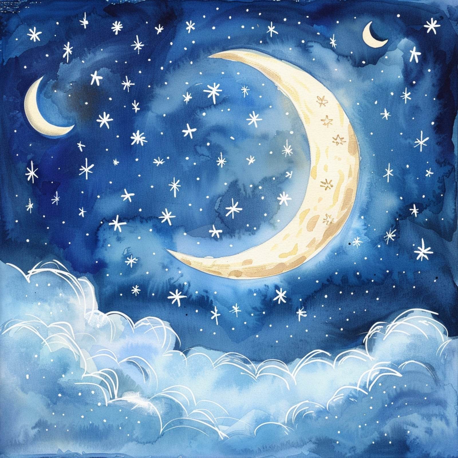 Watercolor Night Sky With Moon And Stars - beink online art store