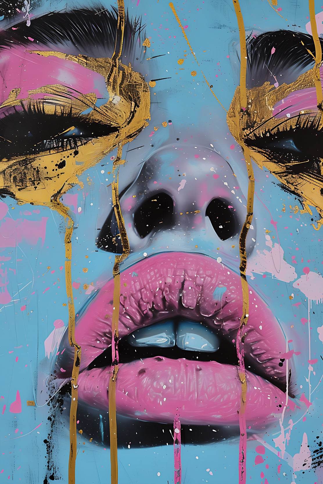 Painting of a Woman with a Tear Drop on her Face with Pink and Gold Wall Art - beink online art store