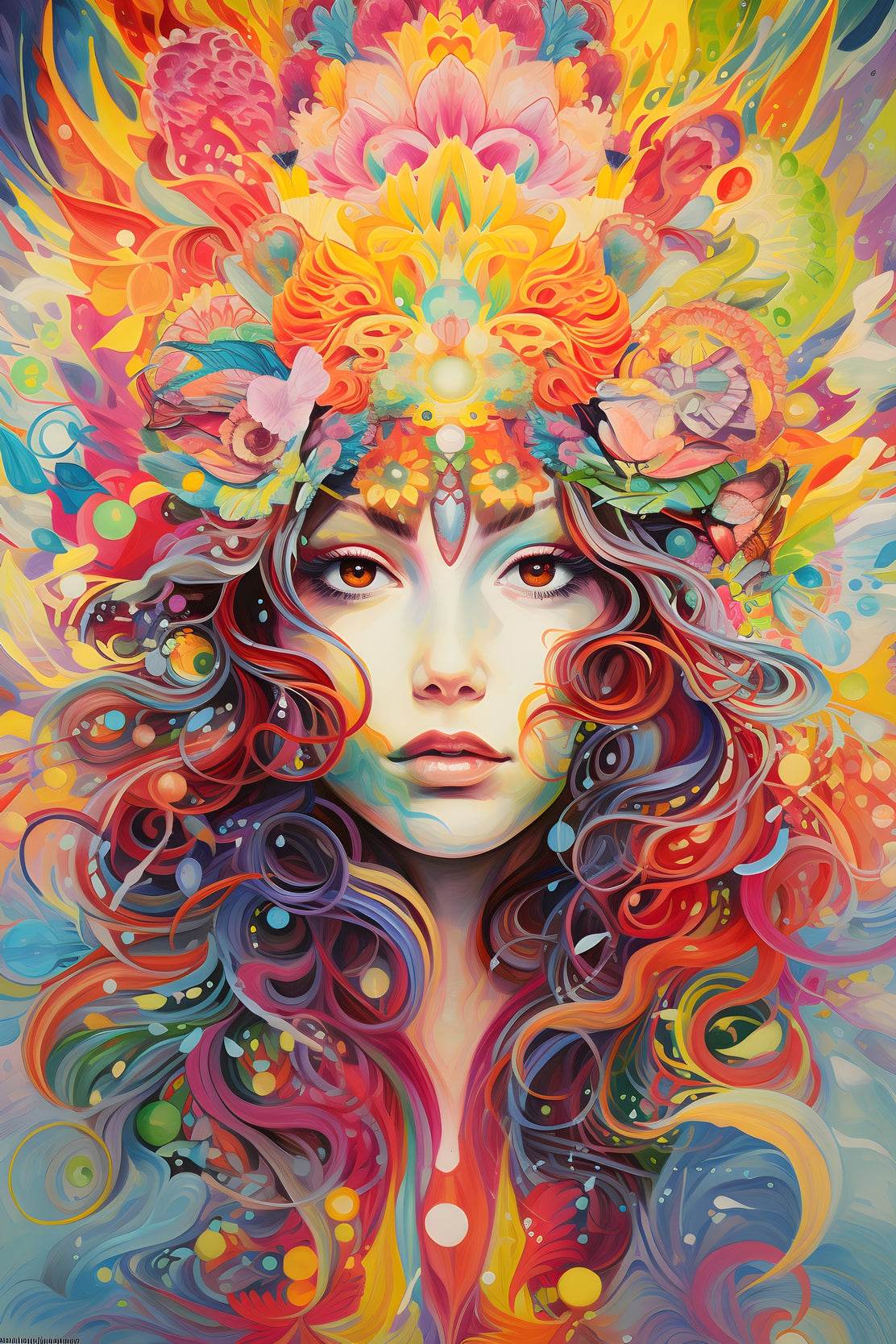Painting of a Woman with a Colorful Headpiece and Flowers in Her Hair - beink online art store