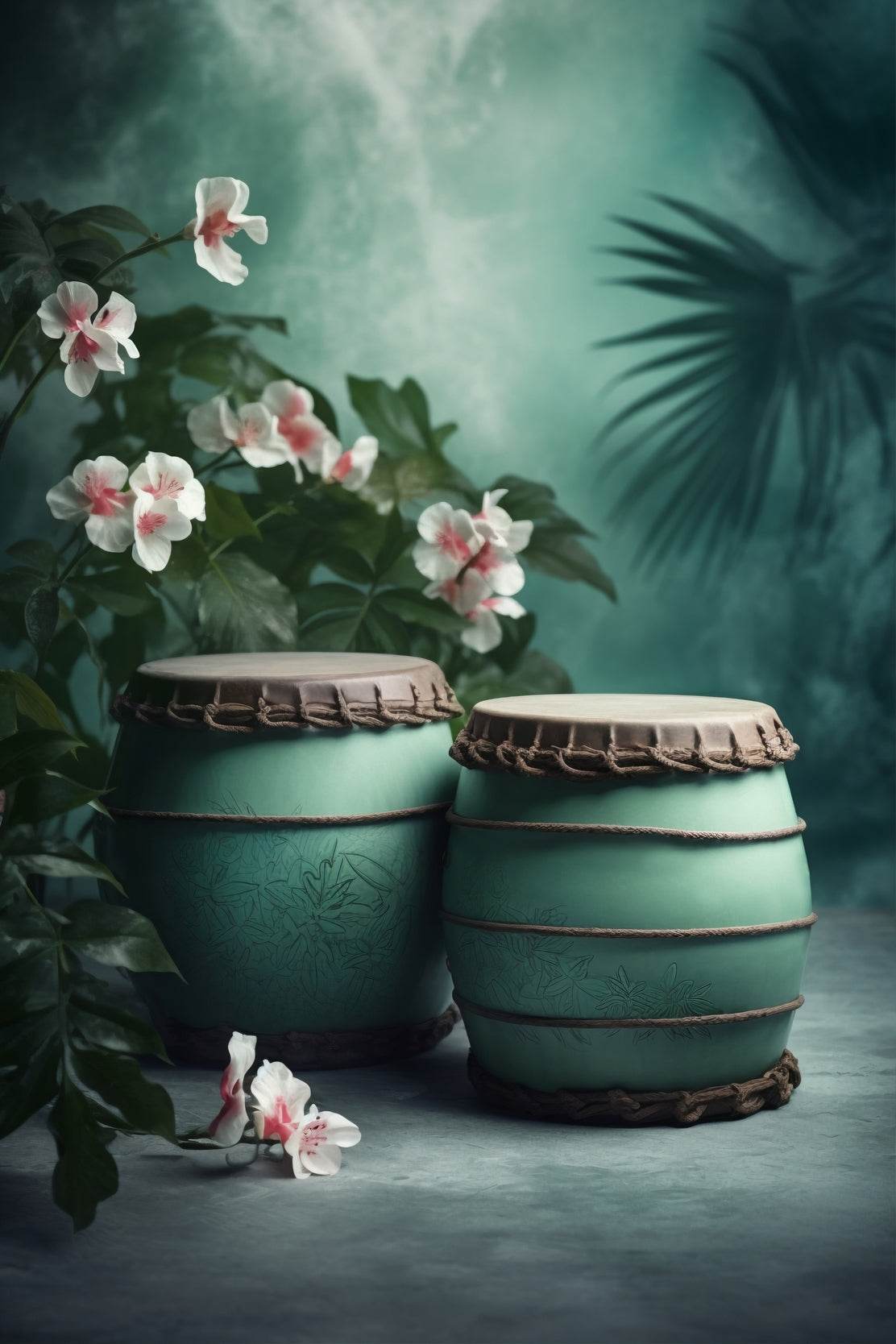 Traditional Turquoise Barrels Next to Flowers Wall Art - beink online art store