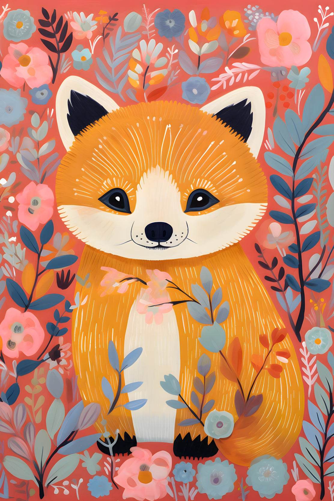 Drawing of Little Fox Sitting in the Flowers - beink online art store
