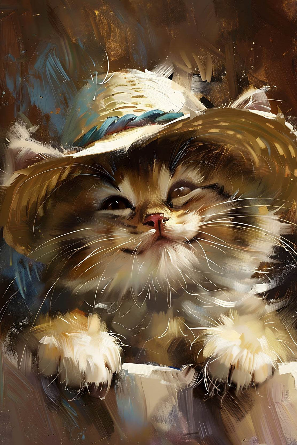 Hand Painted Painting of Smiling Cat Wearing Hat - beink online art store