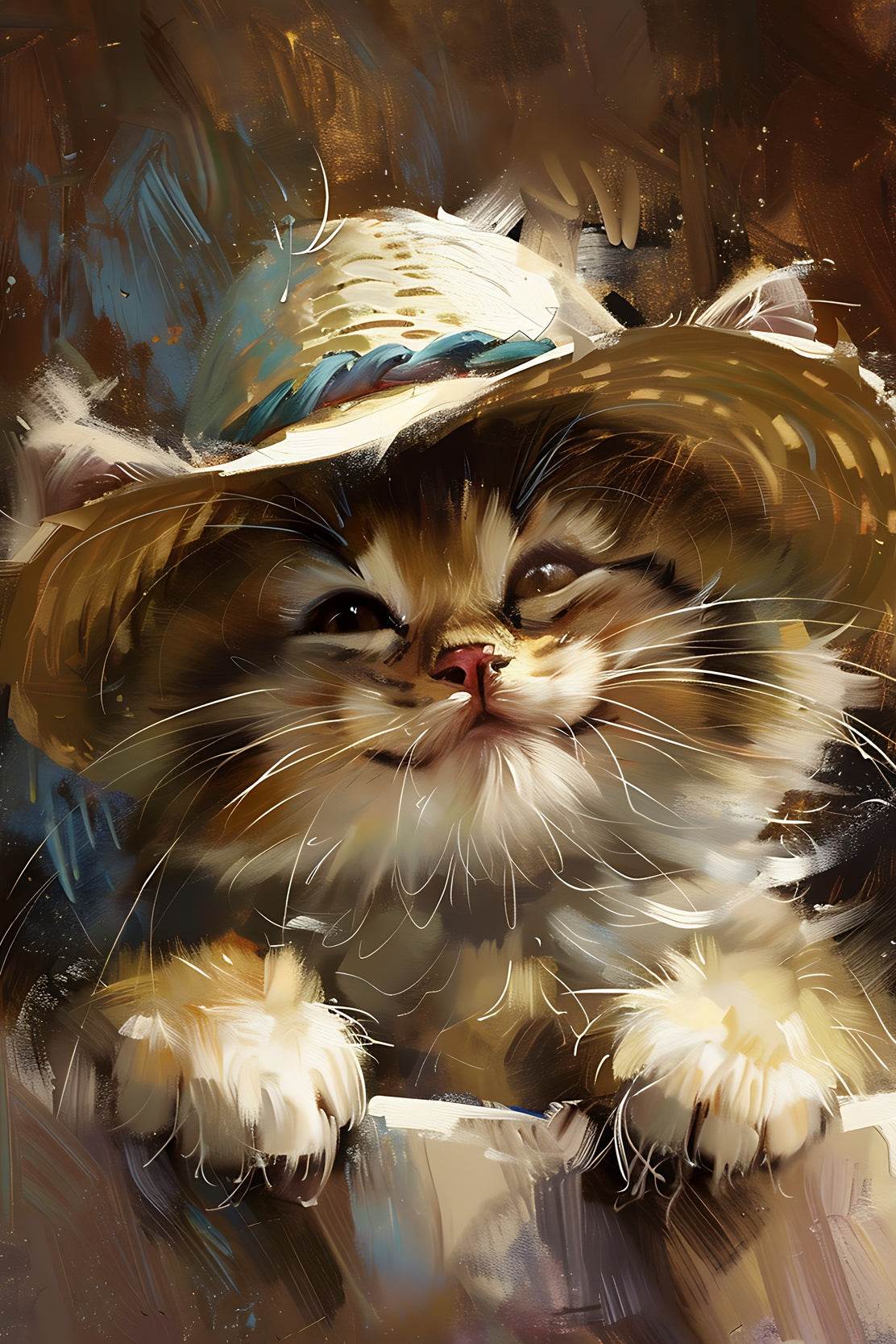 Hand Painted Painting of Smiling Cat Wearing Hat - beink online art store