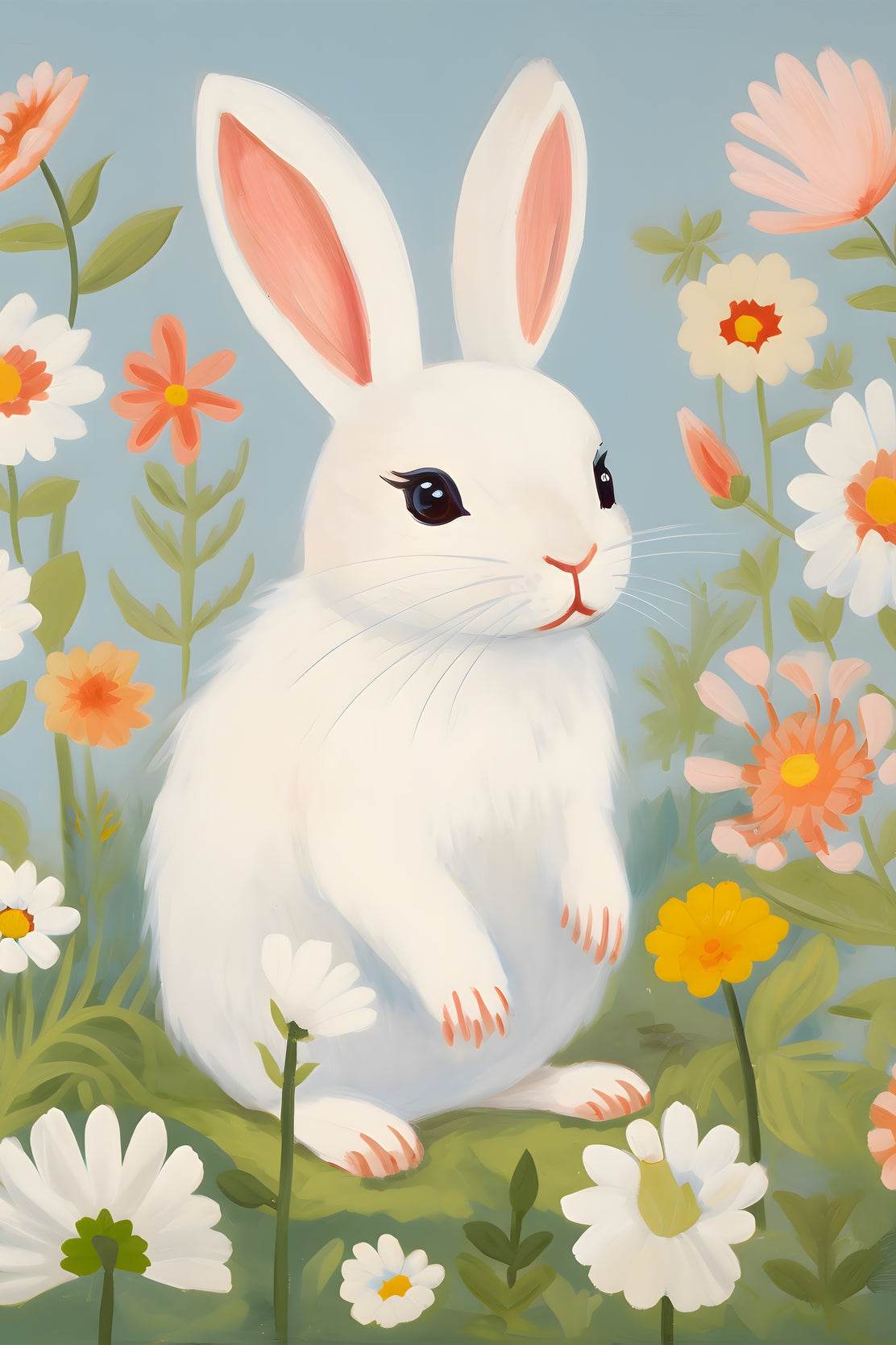 White Bunny Sitting Among Flowers - beink online art store