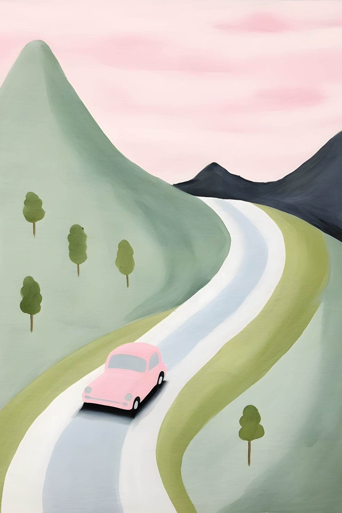 Watercolor Drawing of a Pink Car in the Mountains - beink online art store