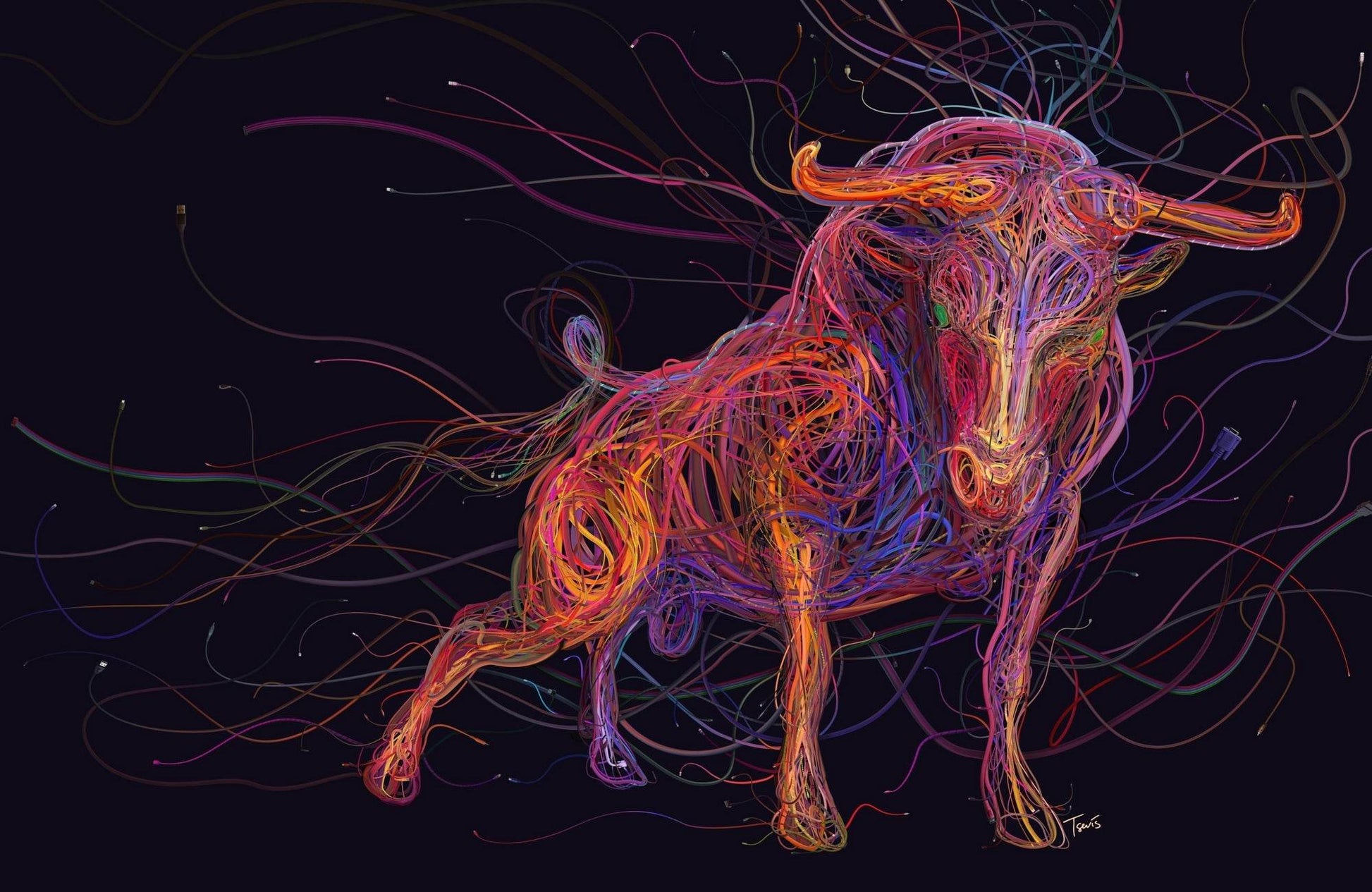 Multicolored Bull Wallpaper with Black Background - beink online art store