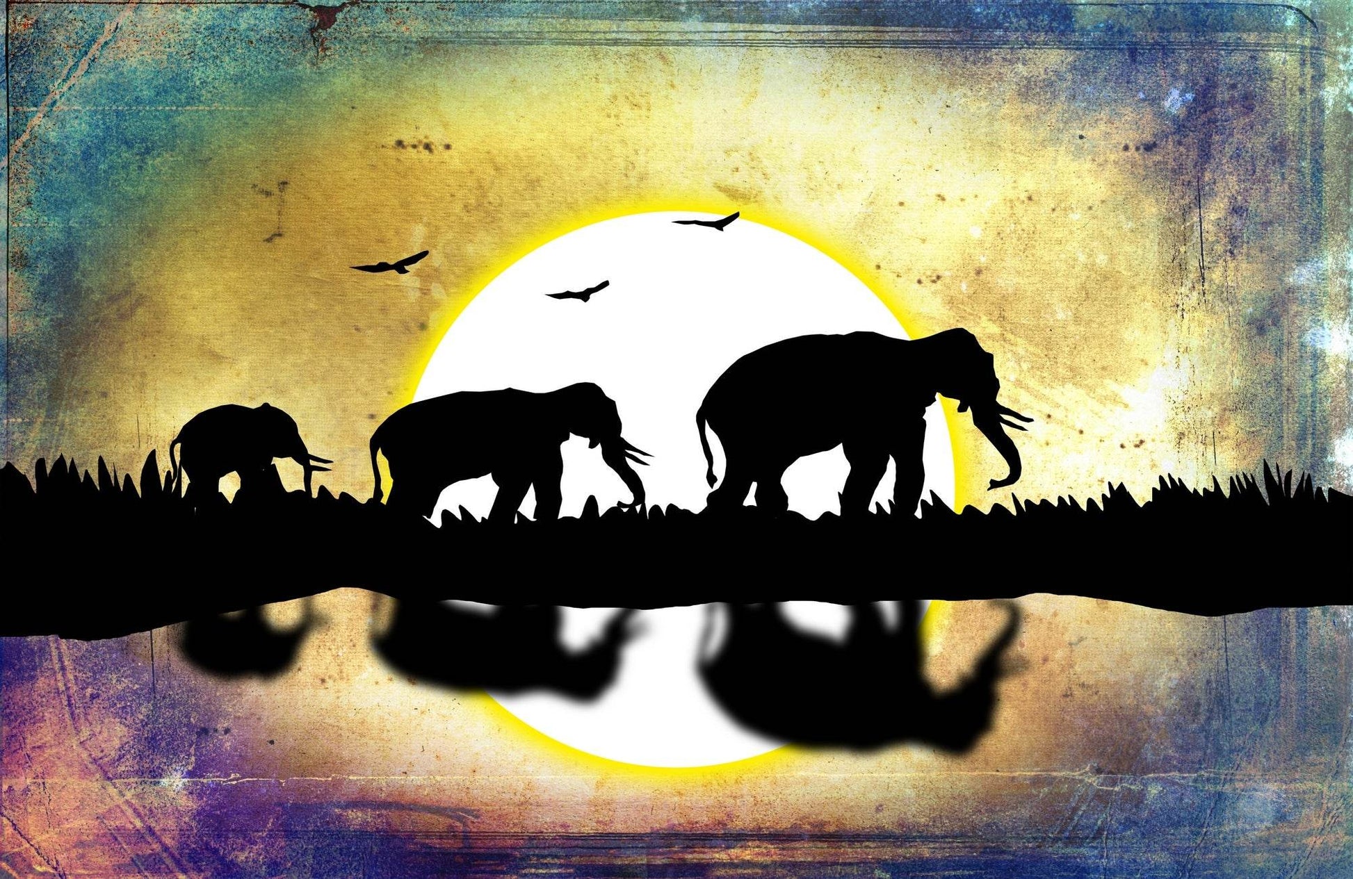 Elephants Walking in Front of Sunset - beink online art store