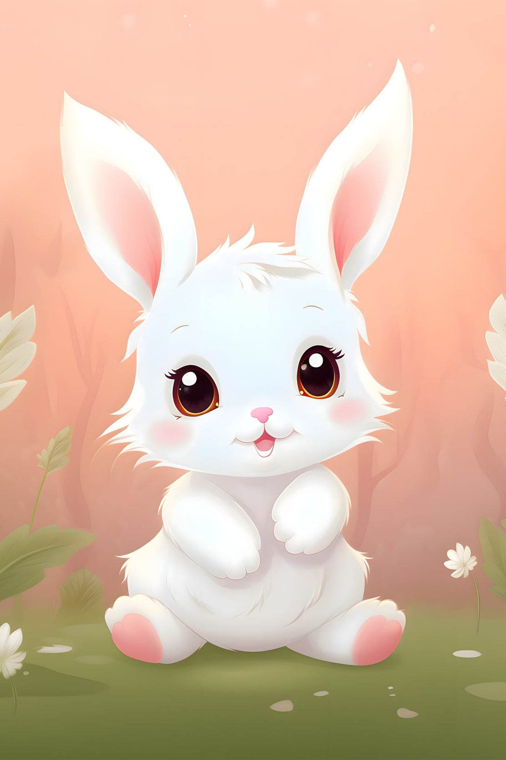 Cute Little White Cartoon Bunny Sitting on the Grass - beink online art store
