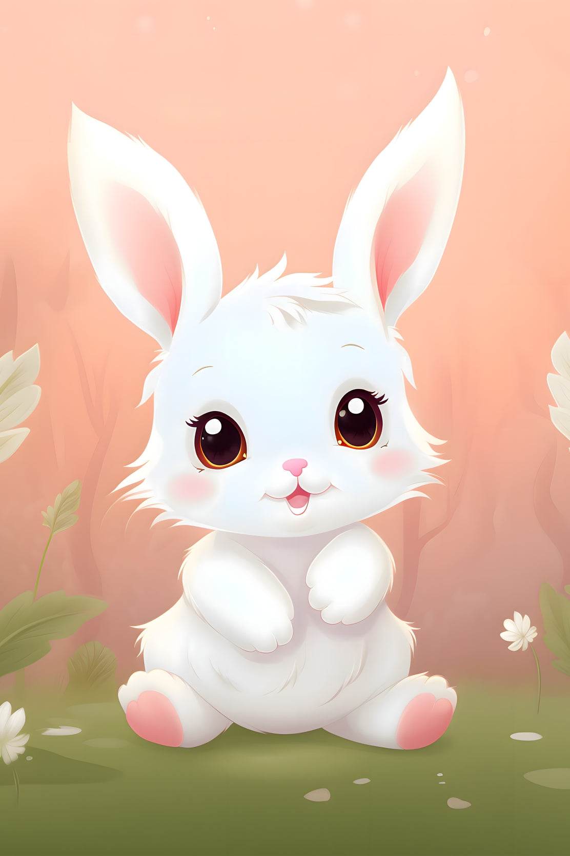 Cute Little White Cartoon Bunny Sitting on the Grass - beink online art store