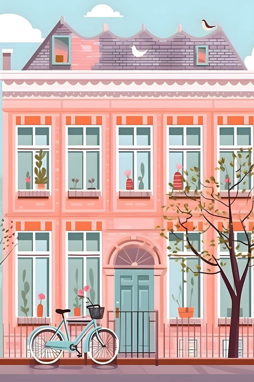 Illustration of Pink House and a Bicycle - beink online art store