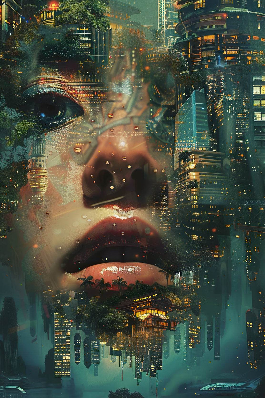 Enhanced Female Face Among Buildings Digital Art - beink online art store