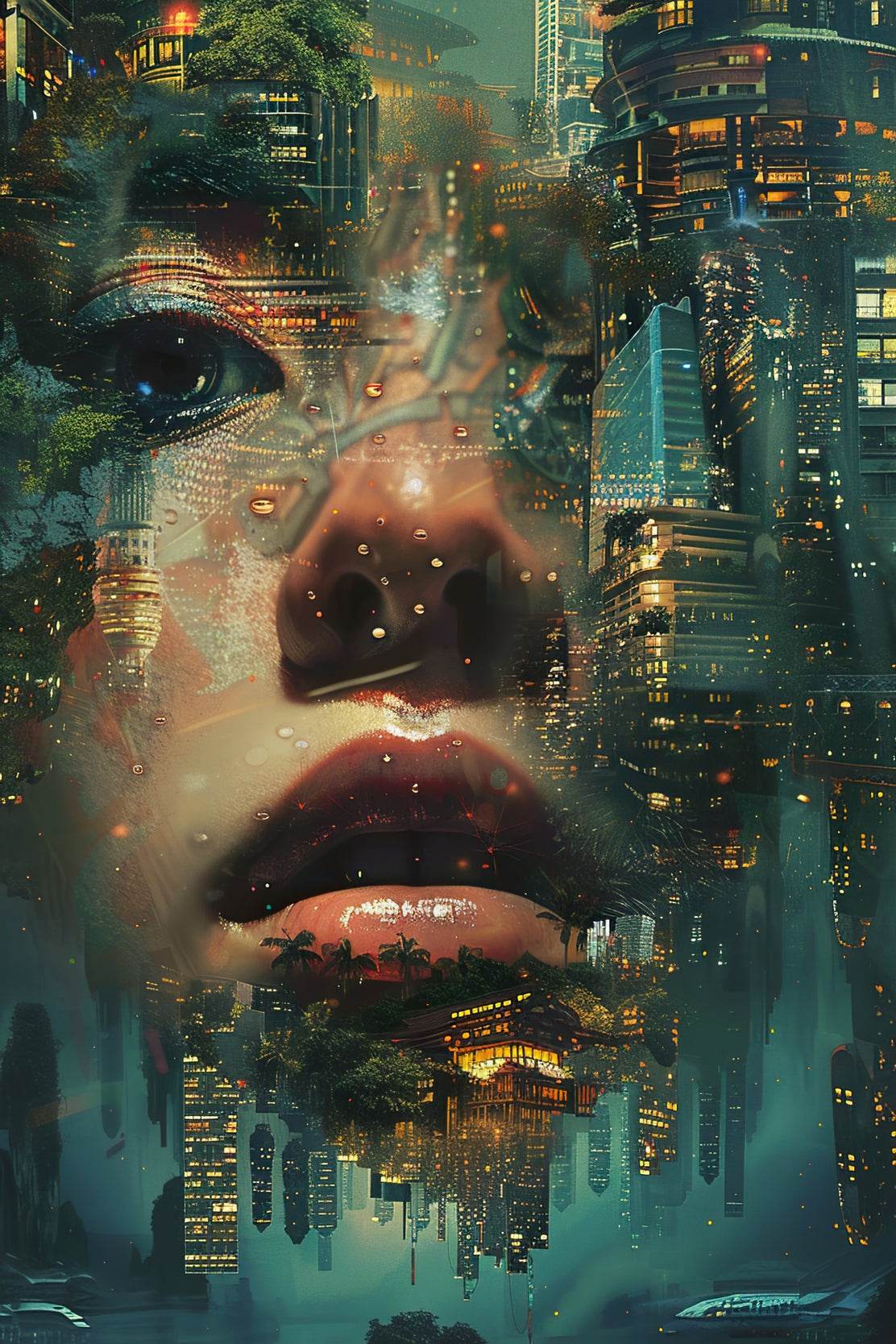 Enhanced Female Face Among Buildings Digital Art - beink online art store